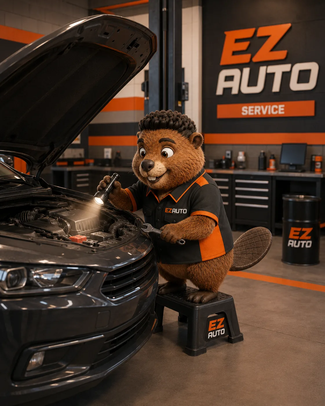 Mr. EZ performing a vehicle inspection at EZ AUTO