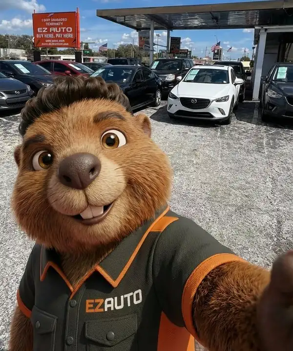 Mr. EZ taking a selfie at the EZ AUTO Lakeland lot with cars in the background